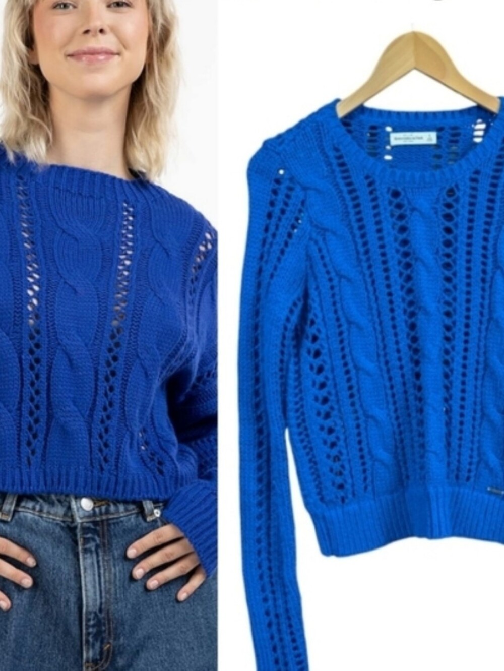 ABERCROMBIE Cropped Cable Sweater Bright Blue Jumper Open Knit Lace Small